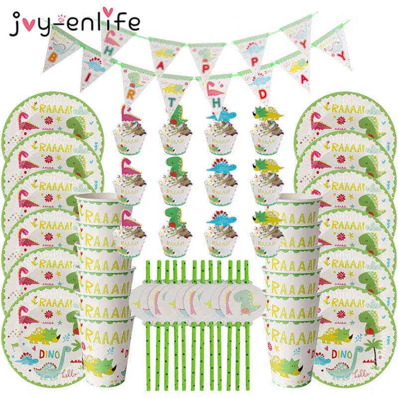Dinosaur Theme Party Tableware Set Paper Plate Cup Napkin Banner Dino Happy 1st Birthday Party Decoration For Kids Boys 211216