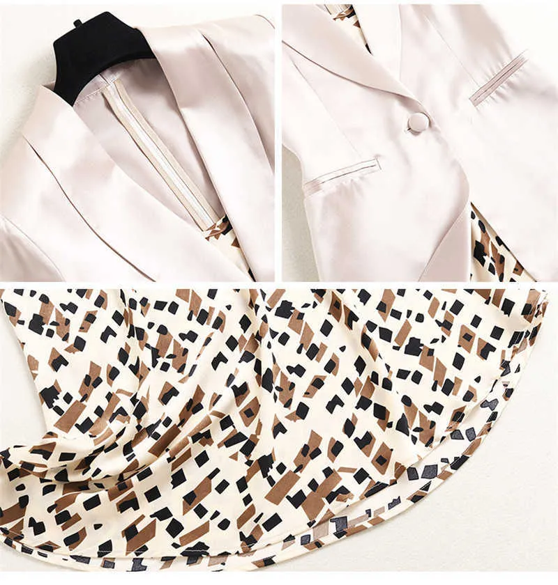 Elegancka Biuro Lady Summer Garnitur Kobiety Notched Krótki Rękaw Blazer i Midi Print Pasek Dress Set 210601