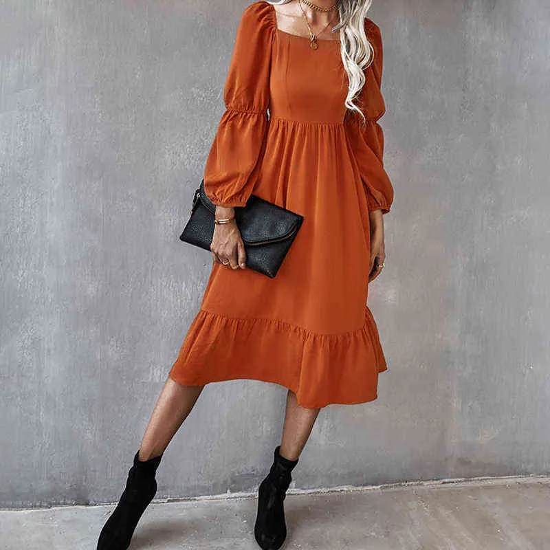 Donne Solid Lantern Sleeve Square Collar Midi Dress Molla Moda Femminile Casual Party Dress Elegante Autunno Ufficio ufficio Vestito da pennio Y1204