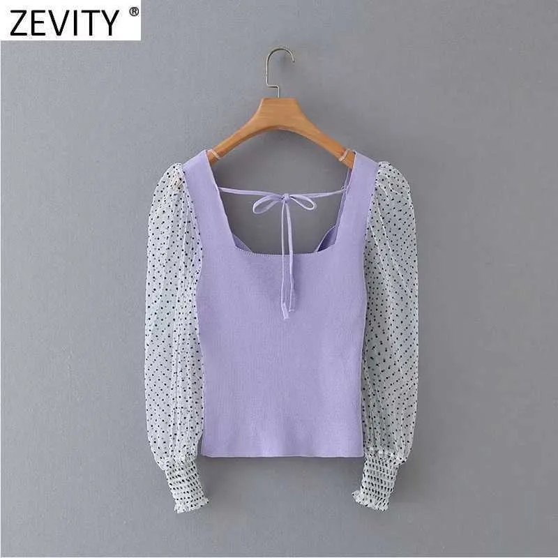 Zevity Spring女性スウィートドットメッシュスリーブパッチワークショートニットブラウスフェムメノンティックスリムシャツシックブルスストップスLS7566 210603