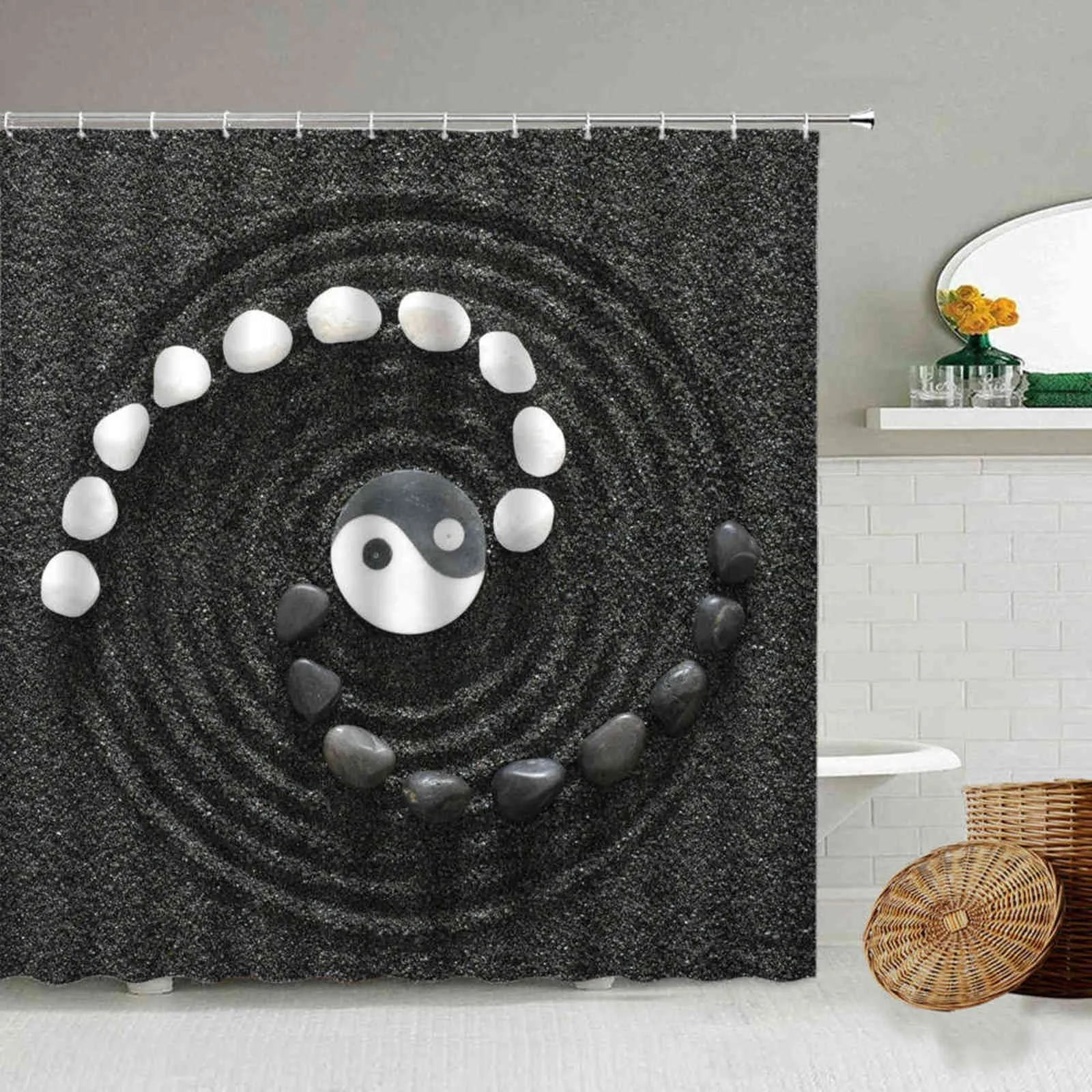 Zen Stone Pebbles Spring Weeds Reflection Water Bathroom Waterproof Shower Curtain With Hook Set Hanging Screen Cloth Washable 211116