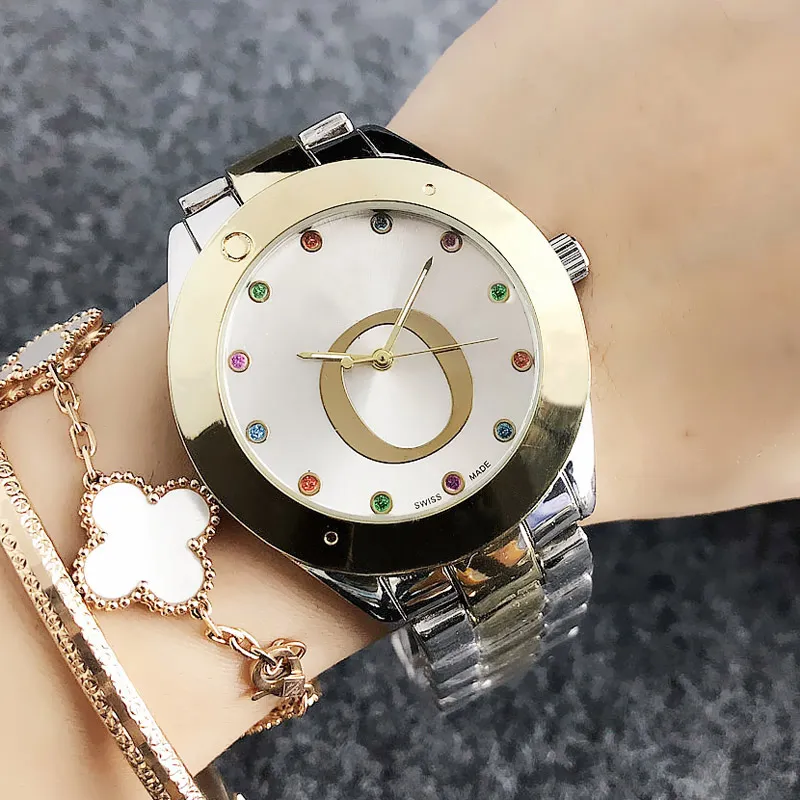 Mode große Buchstaben Design Uhren Frauen Mädchen bunte Kristall Stil Metall Stahlband Quarz-Armbanduhr P24238w