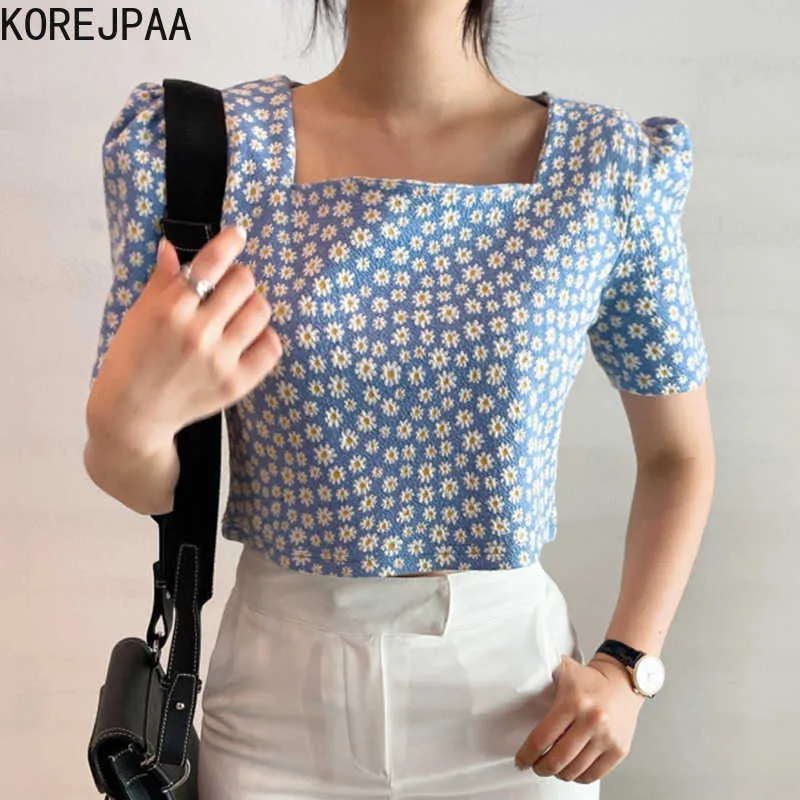 Korjpaa Kvinnorskjorta Koreanskt Chic Sommar Gentle Sweet American Collared Little Daisy Loose-Passande Bubbly Sleeve Blusar Topp 210526