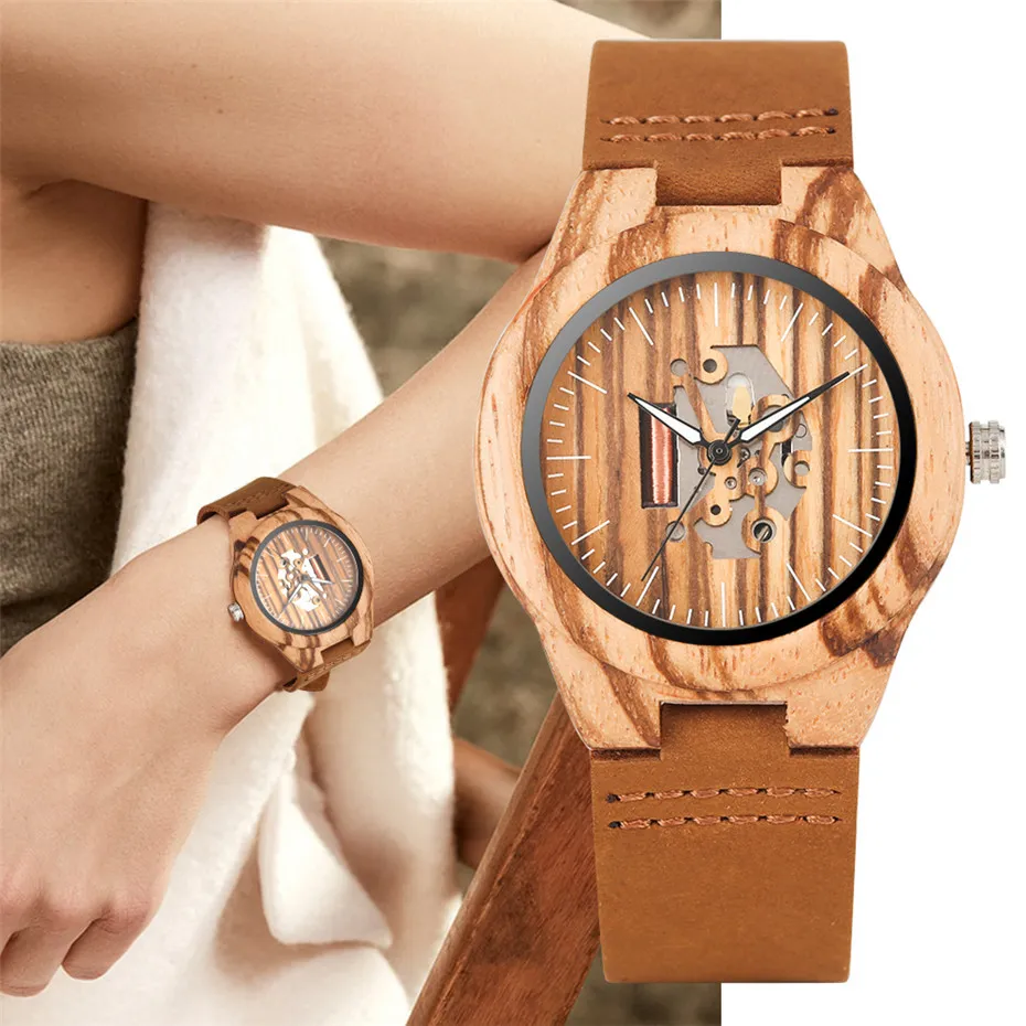 Women Wood Watch Creative Hollow Dial Wooden Watches Quartz Movement Black/Brown Ladies Genuine Leather Wristwatch Gifts 2019