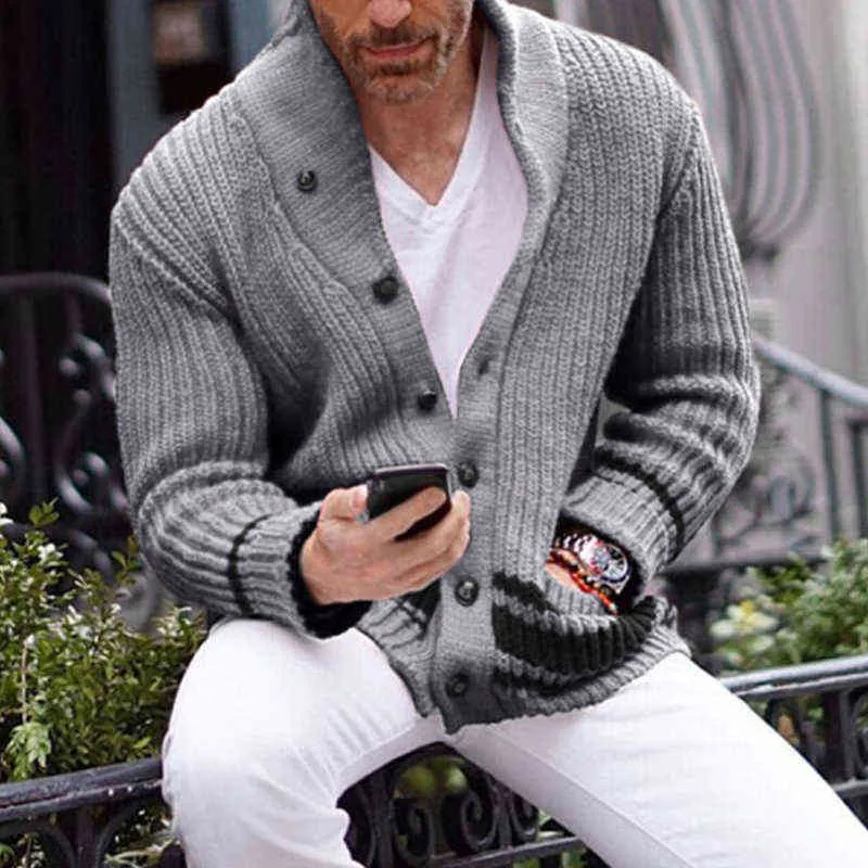 Hommes hiver chaud solide manches longues tricot cardigan hauts automne mode col en v boutonné pull manteau pour hommes décontracté streetwear 211221