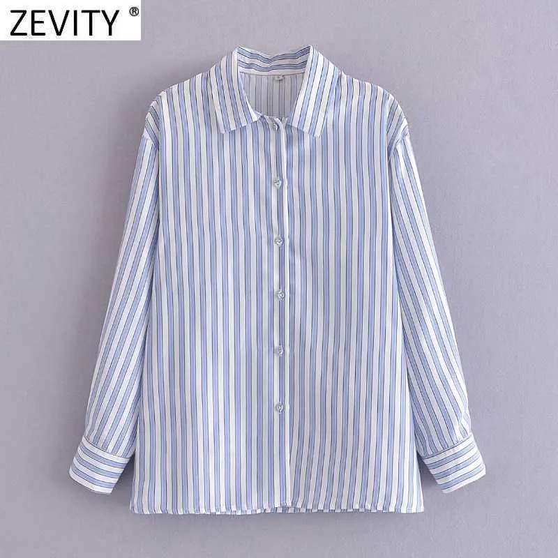 Zevity Women Fashion Striped Print Loose Smock Blouse Office Ladies Casual Breaded Business Shirts Chic Blusas Tops LS9322 210603