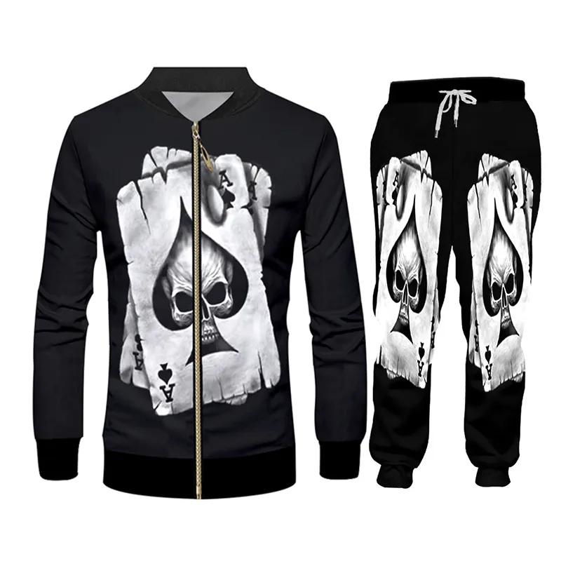 CJLM Men Set Black Cool Print Skull Skull Poker 3D Vest Hombre костюм для костюма бегун