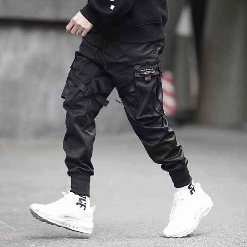 Hip Hop Boy Multitasche Elastico in vita Design Harem Pant Uomo Streetwear Punk Pantaloni casual Jogger Uomo Danza Pantalone nero 211218