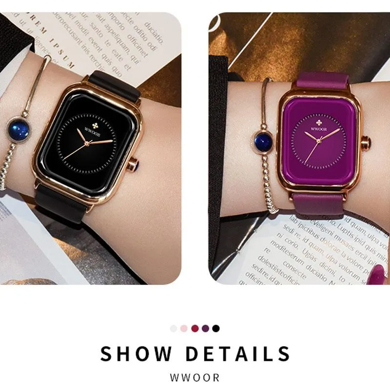 손목 시계 WWOOR 최고 여성 패션 블랙 시계 실리콘 레이디 스퀘어 쿼츠 시계 우아한 손목 시계 2955