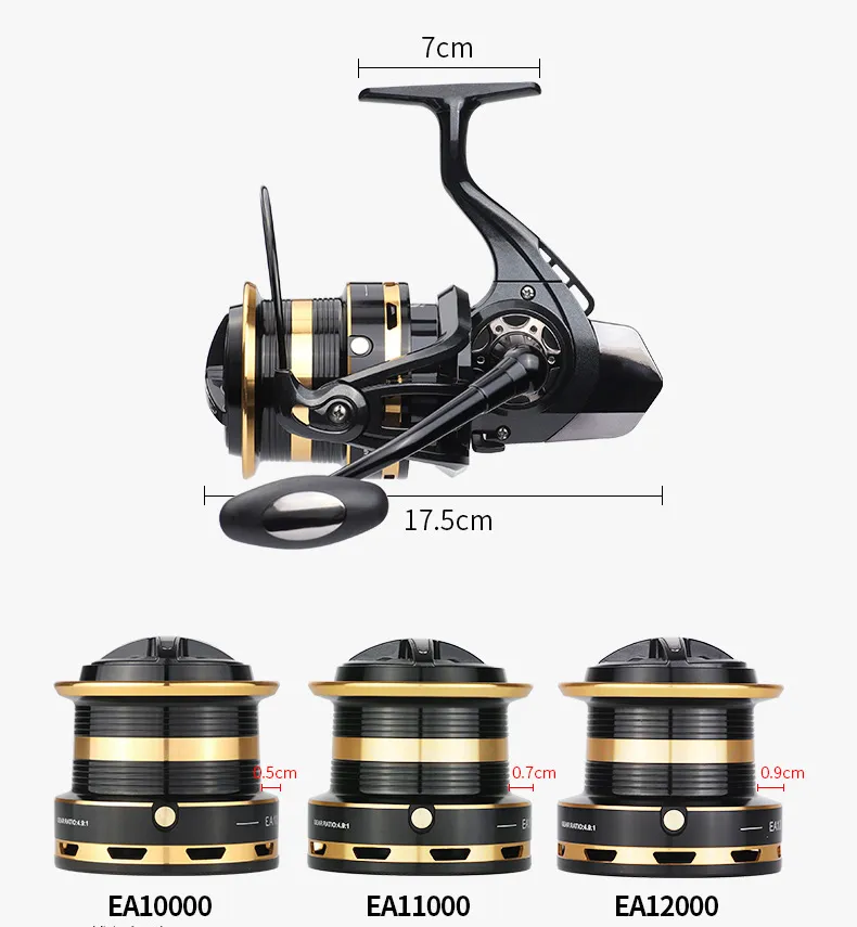 Długie rzucie kołowrotek EA 1000012000 Seria 121 Gapless Metal Cewki Spinning Rocka Łódź skalna Wheel 2928287