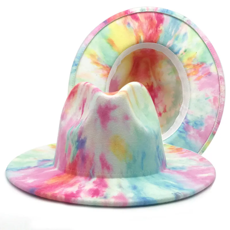 2021 New Fashion Double Side Tie Dye Tesa larga Feltro di lana Jazz Fedora Cappelli Gentleman Elegante Panama Trilby Caps Cappello a cilindro3148249