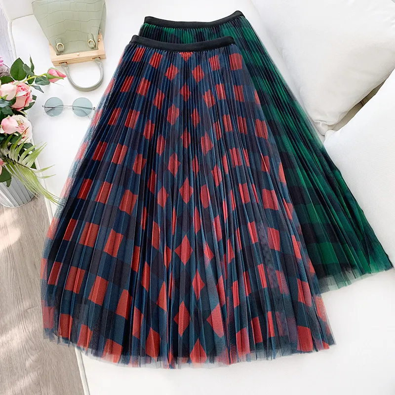 Qooth Nette Plaid Tüll Rock Frauen Mode Frühling Sommer Koreanische Schule Kariert Hohe Taille Plissee Maxi Rock Weibliche QH2227 210518