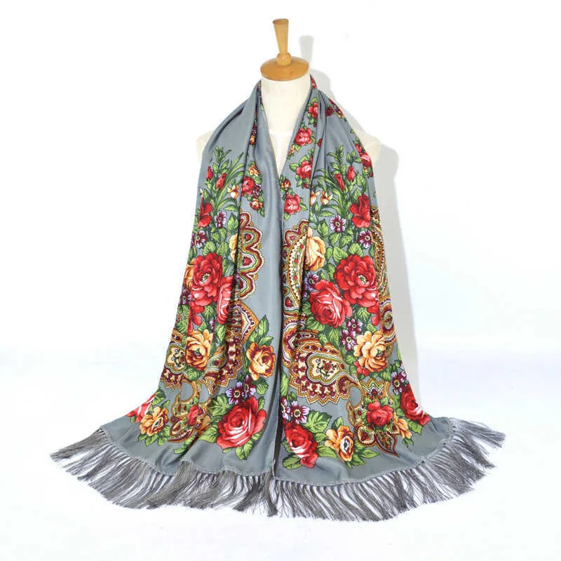 Écharpe russe ukrainienne Mandkerchief féminin d'hiver enveloppe châle babushka long hijab motif floral dupatta polonais franged q0825271599