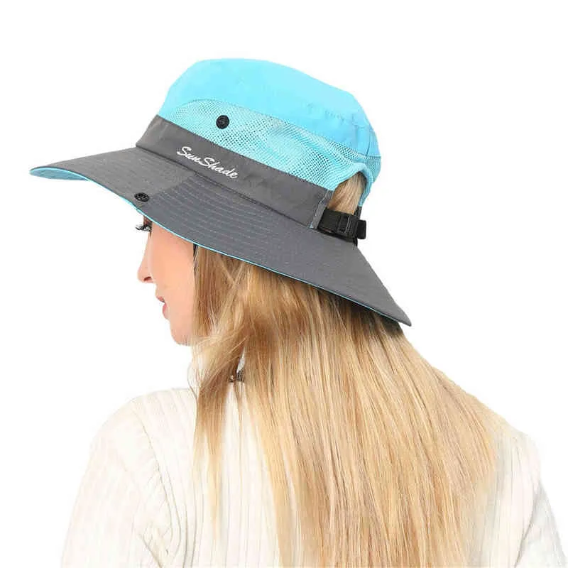 2021 Damska Ochrona UV Szerokie Kapelusze Słońce Wysokiej Jakości Chłodzenie Mesh Tail Hole Cap Składany Kapelusz Casual Daily Fashion Sun Hats G220311