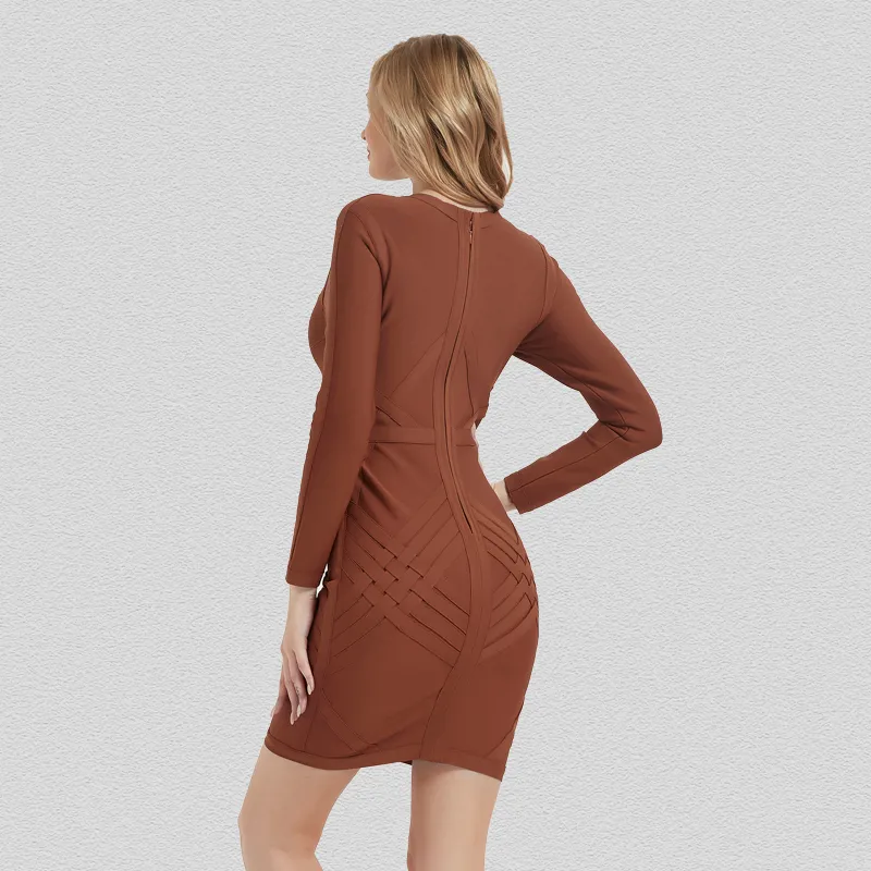 CIEMIILI Winter Vrouwen Bandage Mini Jurk Sexy Volledige Mouw O Hals Terug Zip Bodycon Celebrity Club Party Vestidos 220210