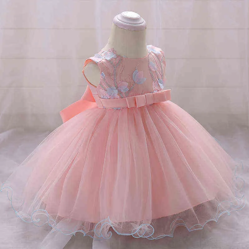 Bollklänning klänning nyfödda barn dop baby flicka söt broderad rosa tulle dop prinsessan toddler födelsedagsfest 1 y g1129