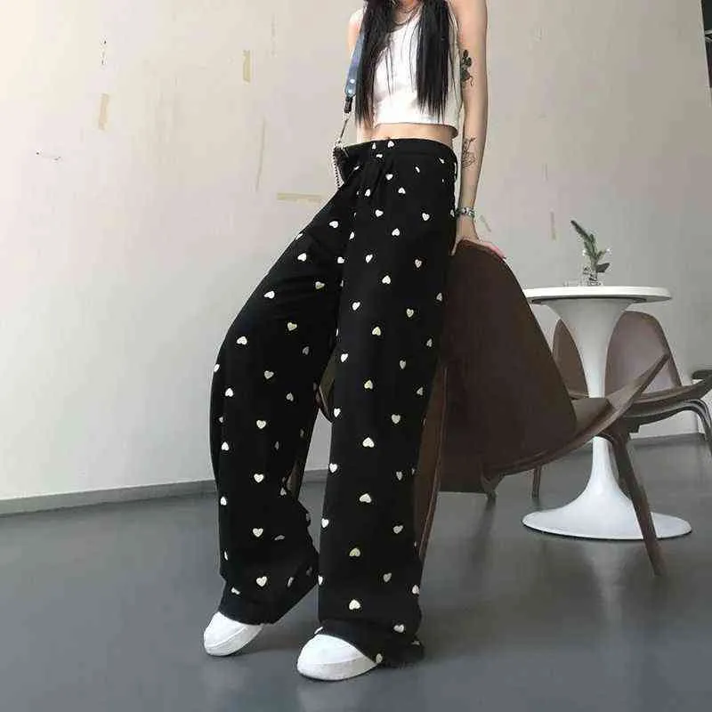 Mingliusili Harajuku Imprimir Pantalón de pierna ancha Pantalones de moda de verano Mujeres de cintura alta Streetwear Casual Pantalones negros sueltos Mujeres 211112