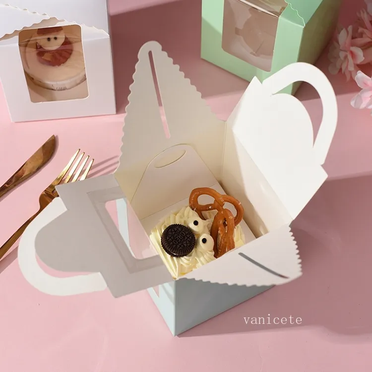 Cupcake singolo Scatole da imballaggio con maniglia finestra trasparente Scatola macaron portatile Scatole torta di mousse Confezione di carta Festa di compleanno T2I53030
