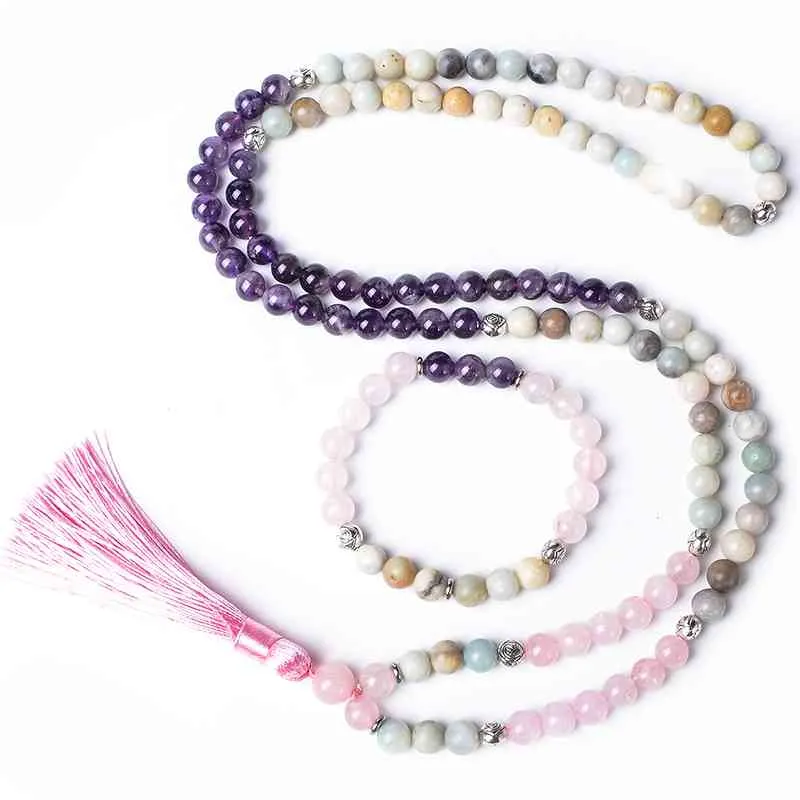 8mm Naturalny Ametyst Rose Quartz Ite Zroszony Naszyjnik Medytacja Yoga Różaniec Bransoletka Zestaw 108 Mala Damska Biżuteria