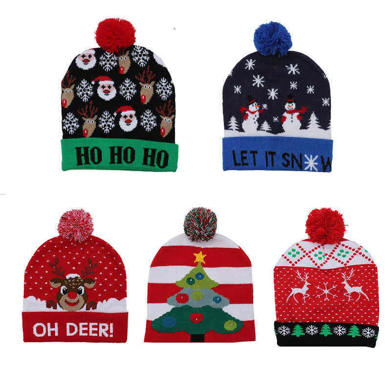 LED Noel Şapka Kazak Örme Beanie Noel Işık Up Örme Şapka Noel Hediyesi Çocuklar Için Xmas 2021 Yeni Yıl Süslemeleri Y21111