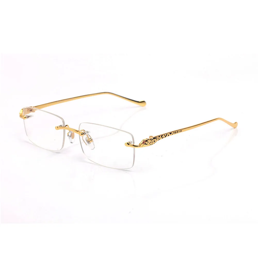 Classique populaire hommes lunettes de soleil carré cristal léopard décoration mode femmes design lunettes sans monture fil d'or anti-lumière bleue ant246A