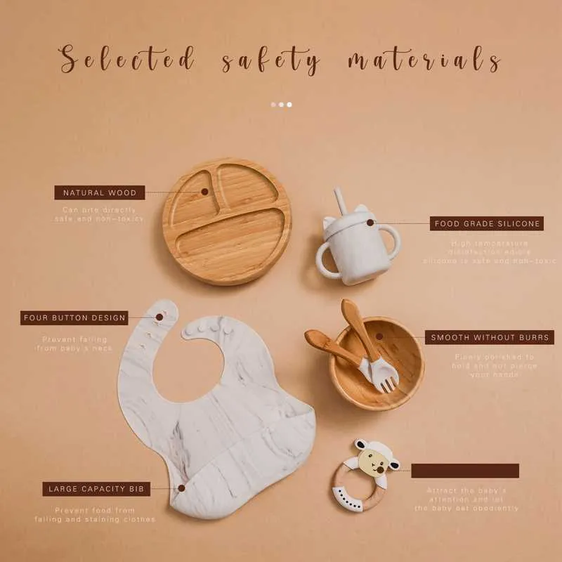 Wooden Feeding Tableware Sets Food Bowl Plate Grade Baby Silicone Cat Cups Infant for Birth Gift 211026
