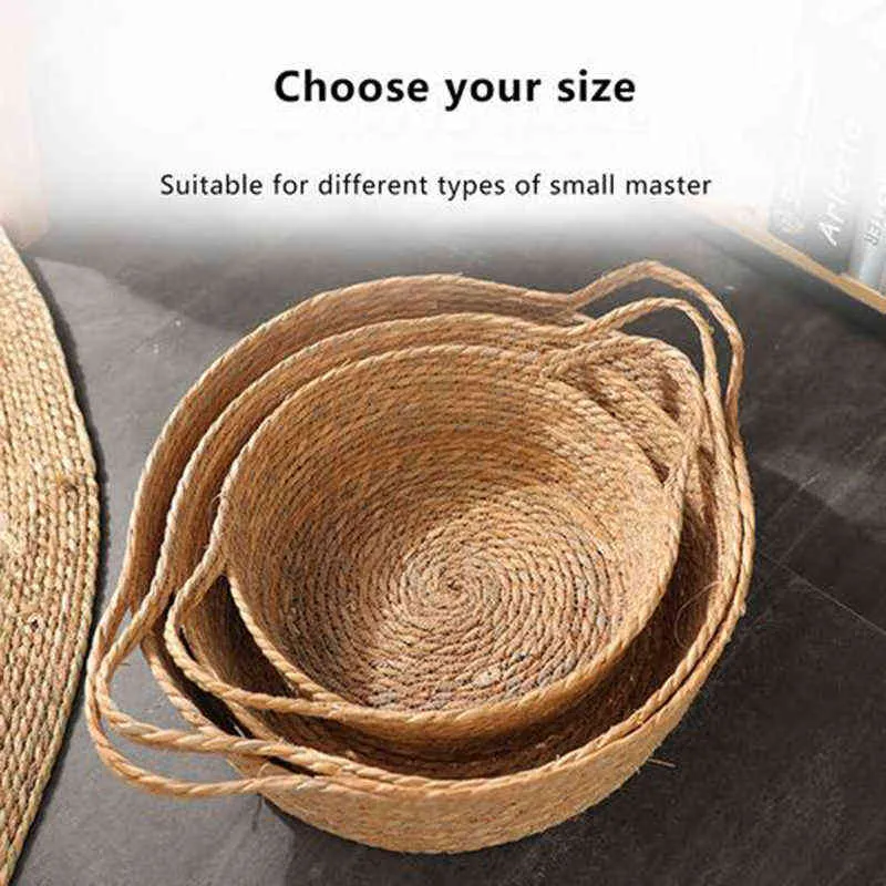 Pet Bed for Cats Supplies Hand Woven Rattan Soft Round Basket Nest Breathable Mat Sleeping Cool 211111