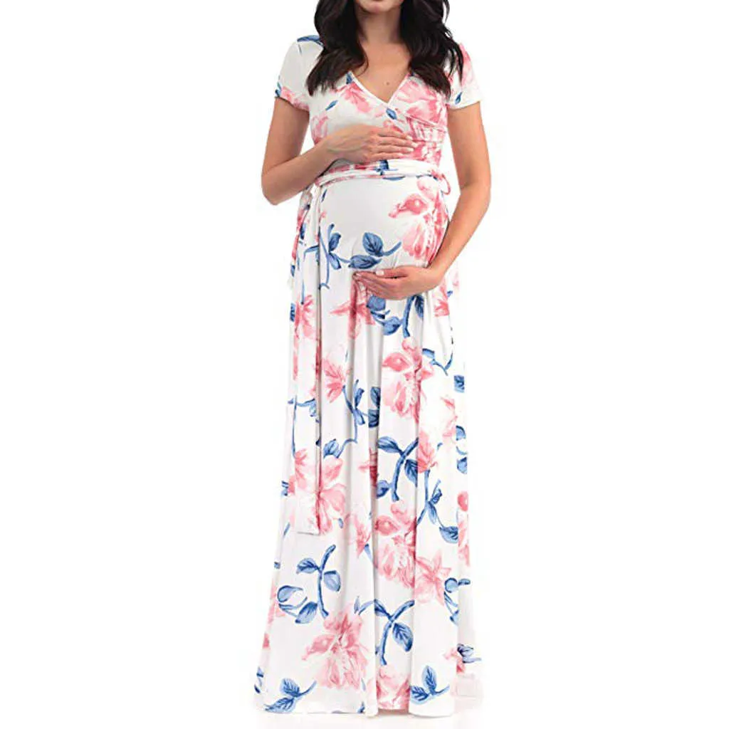 Nouveau Style Femmes Enceintes Floral Long Maxi Robes Robe De Maternité Photographie Séance Photo Vêtements Grossesse D'été Plage Robe D'été X0902