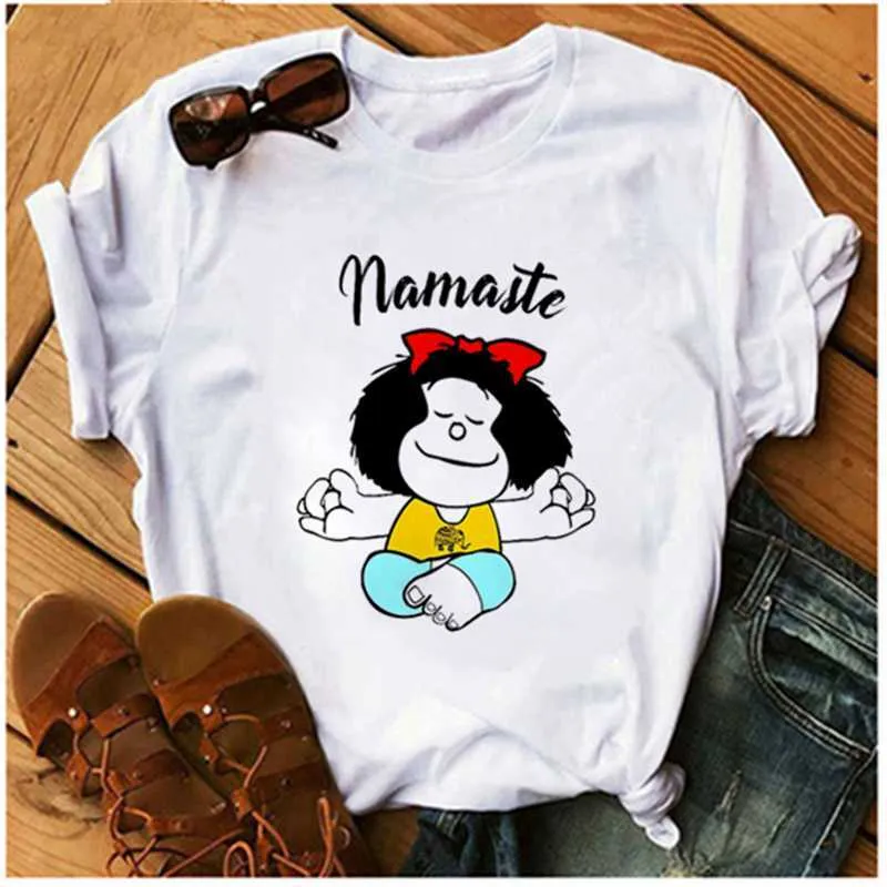 AOWOF drôle paix Mafalda ou je veux café dessin animé T-shirt femmes graphique impression T-shirt Harajuku T-shirt décontracté haut pour femme X0527