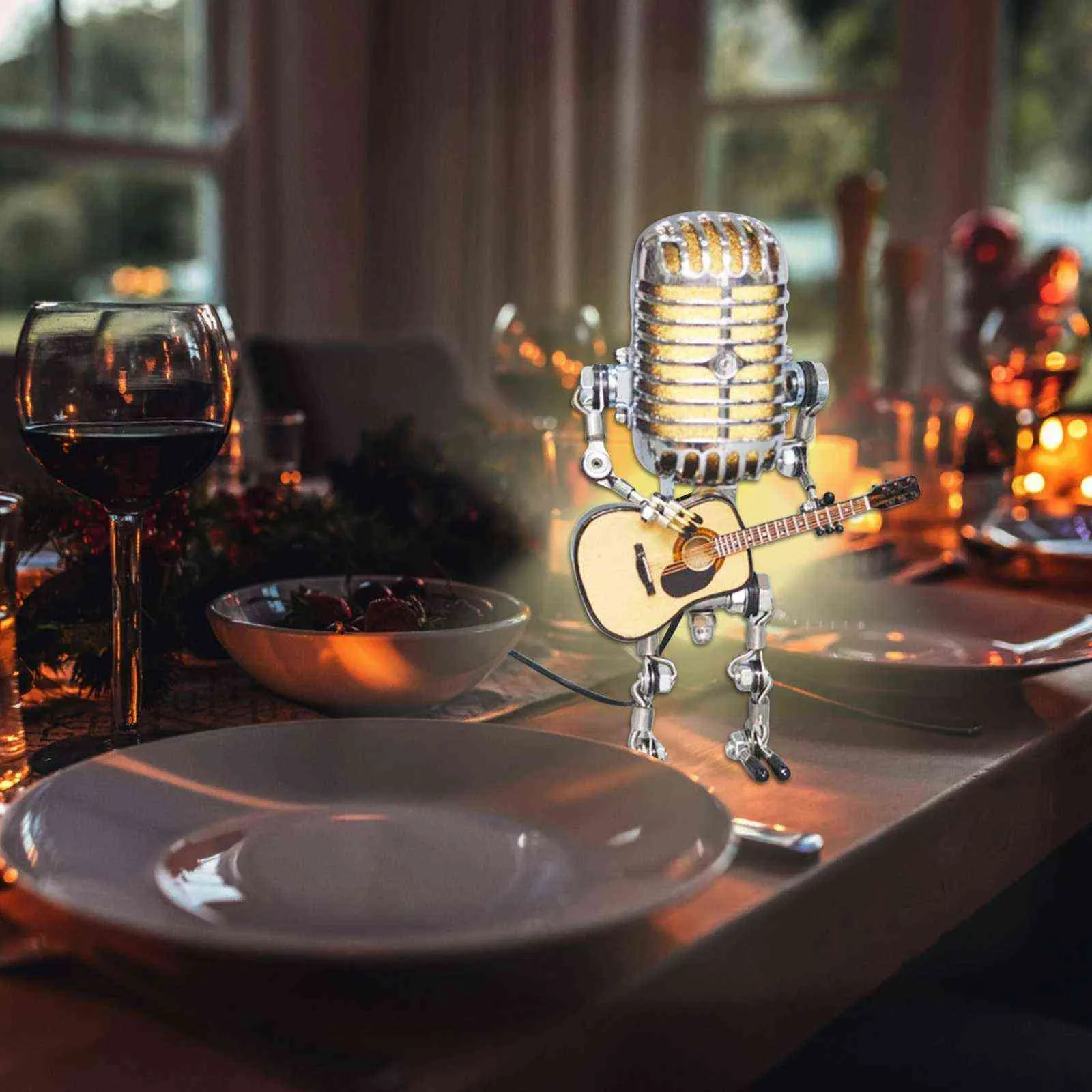 Microphone Guitar Robot Lamp Home Decoration Retro Garden Ornaments Steampunk Outdoor Courtyard Lighting Resin Statue for Home