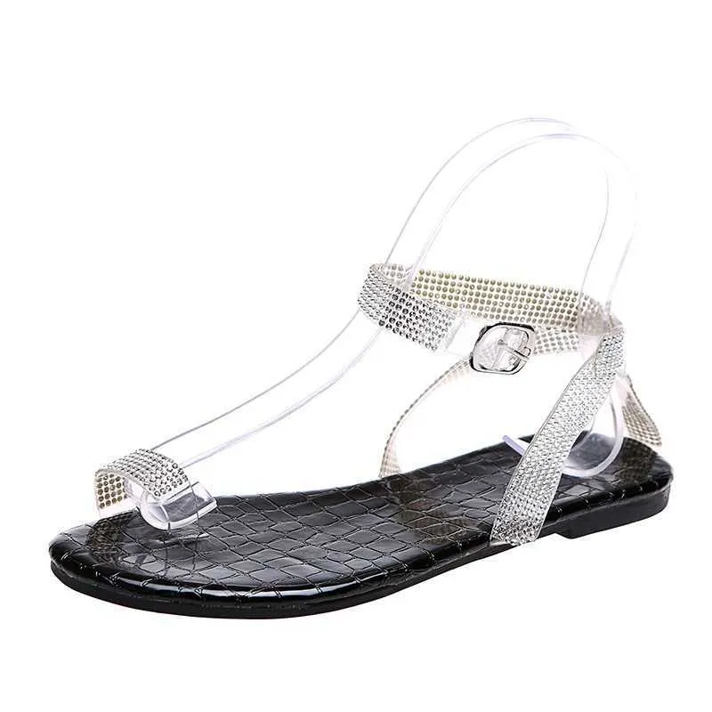 2021 New Glitter Crystal Summer Senhoras Apartamento Ao Ar Livre Sapatos Grande Tamanho 35-43 Zandalias de Mujer Beach Sandals Y0721