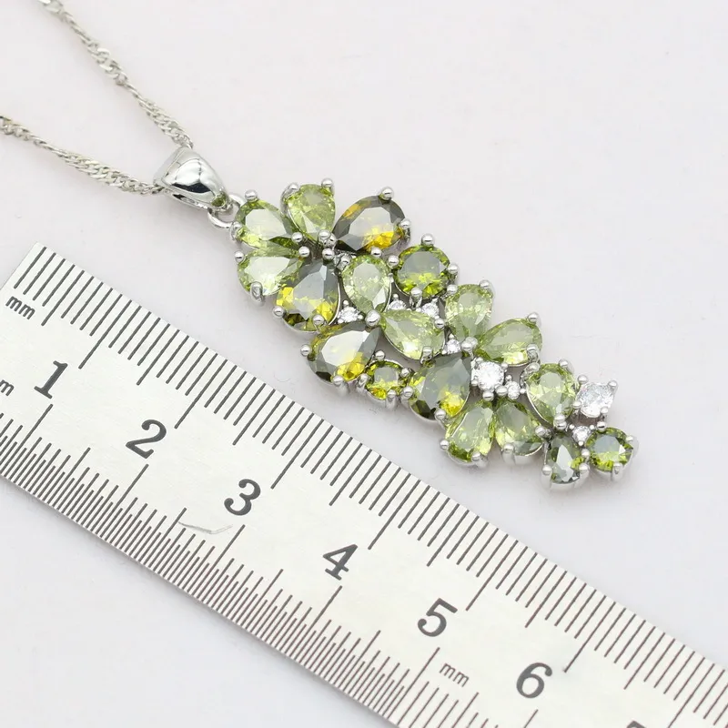 Groene Peridot 925 Zilveren Sieraden Sets voor Vrouwen 5 Kleuren Stenen Oorbellen Ketting Hanger Ring Gift1482779
