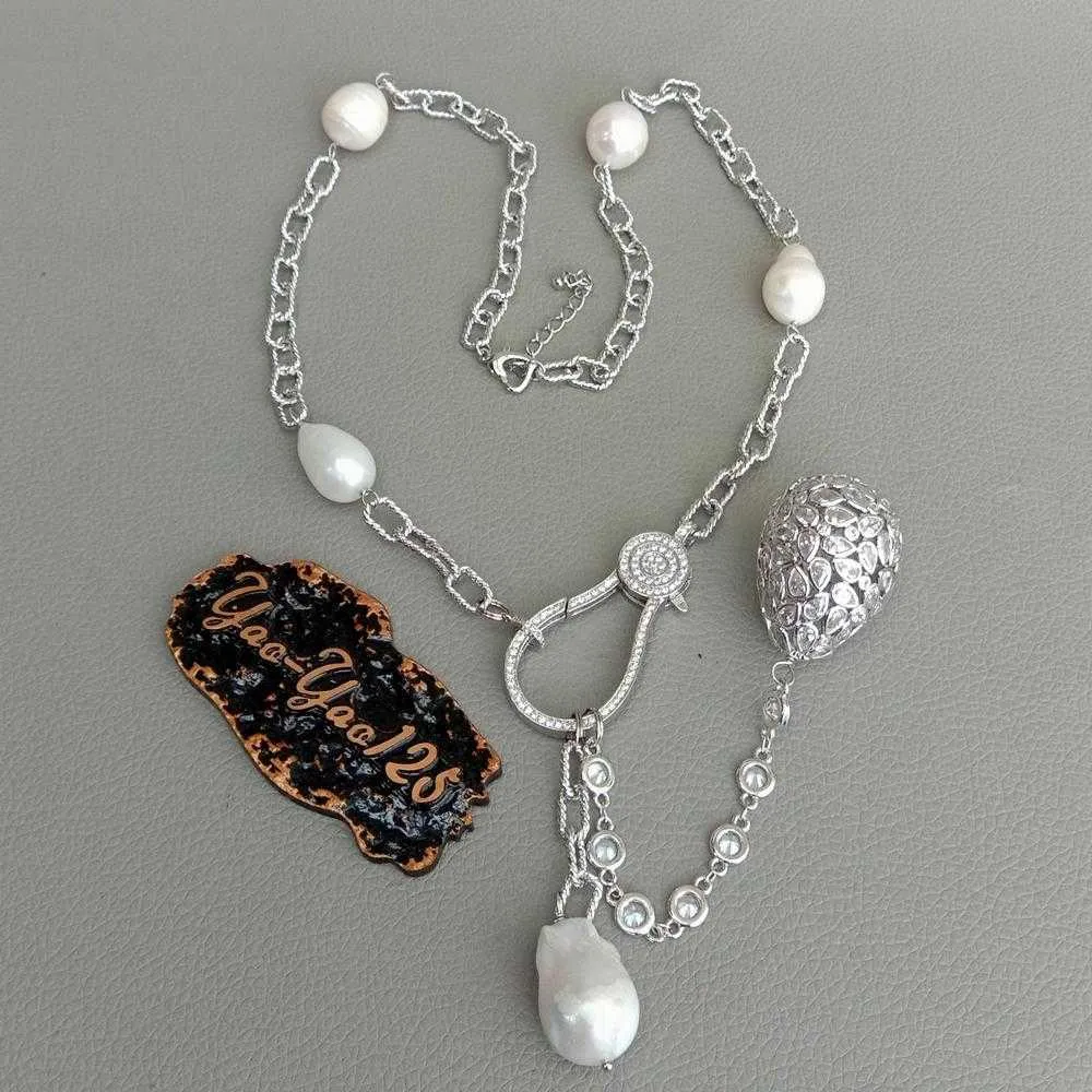 Collier en CZ de riz blanc de culture, 22 pouces, perle Keshi, zircone cubique, micro pavé, pendentif en forme de larme, chaîne de pull