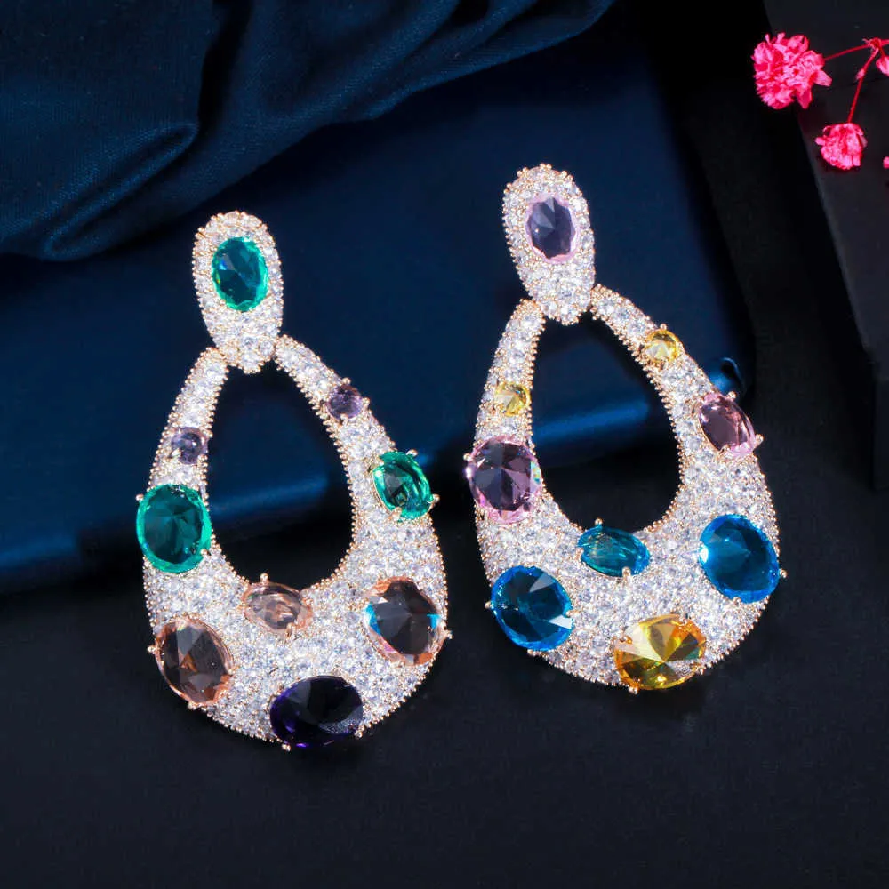 Brazilian Gold Multi Color Water Drop Large Long Dangle CZ Engagement Earrings for Women Party Wedding Jewelry CZ840 210714