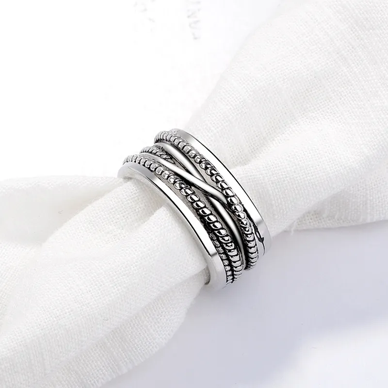 Argent antique tresse multicouche bague bande ouvert réglable croisé large anneaux gros empilable hommes femmes filles mode bijoux volonté et sable