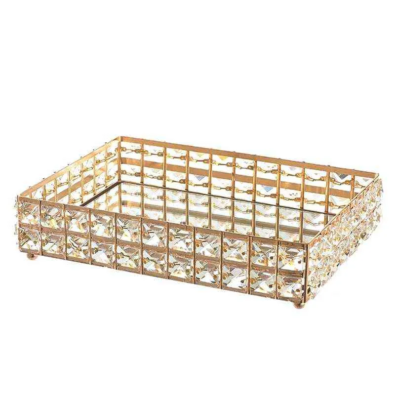 Make up Tray Crystal Cosmetic Organizer for Wedding Home Vanity Decorating Fruit Cake Candle Candy Jewelry 211102