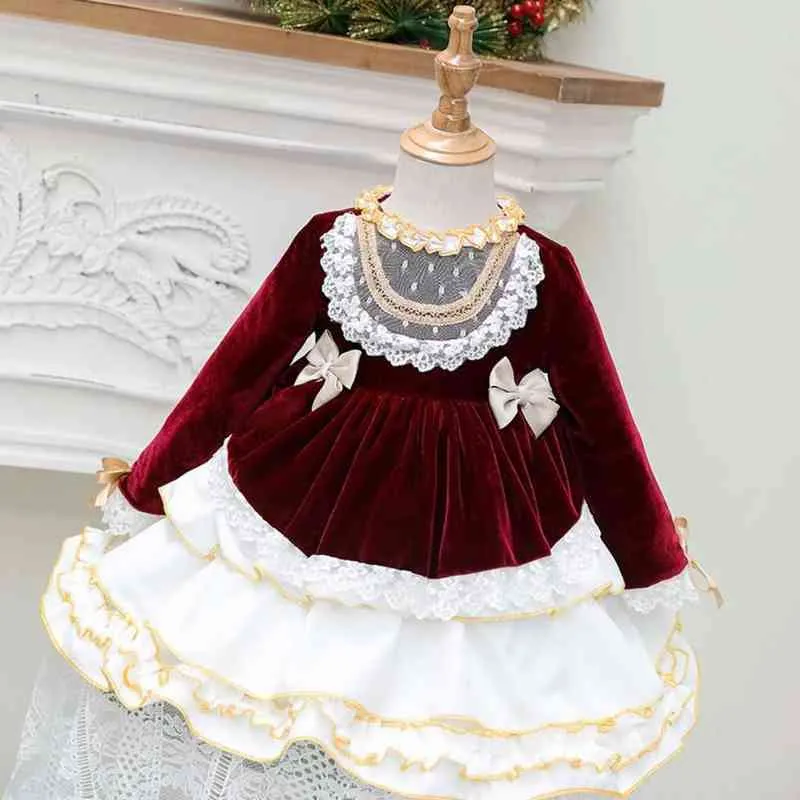 Baby Girl Autumn Winter Velvet Vintage Spanish Pompom Ball Gown Princess Lolita Dress for Children Girl Christmas Birthday Dress G1218