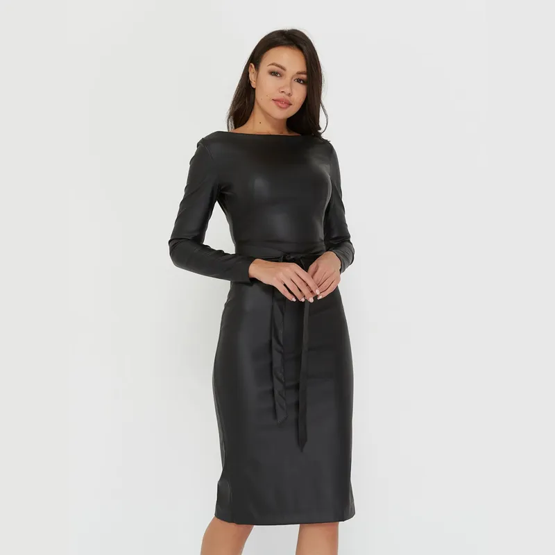 PU Leather Sexy Bodycon Sukienka Sashes Sheath Slim Long Sleeve Winter Bandain Dress Elegant New Fashion Party Night Club 220310