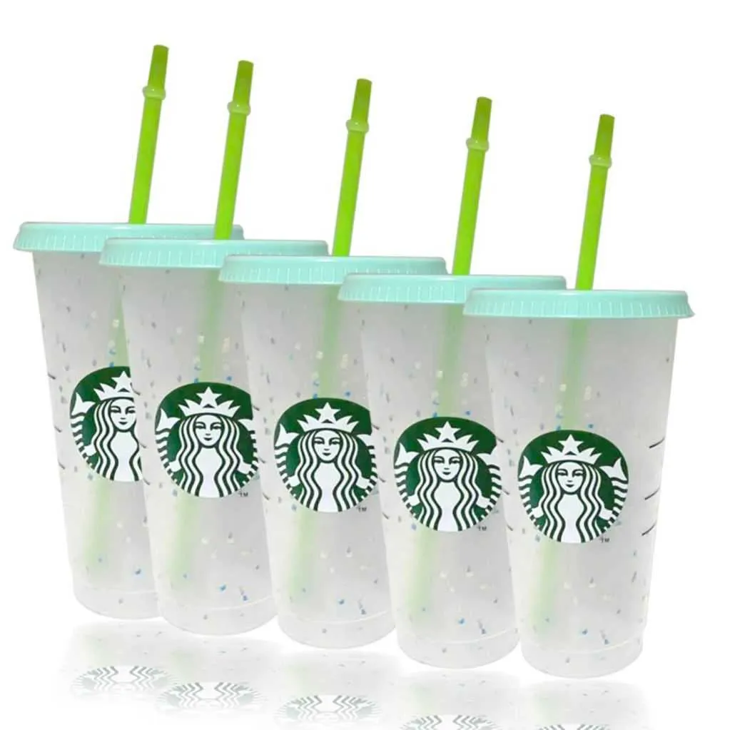 Voorraad Starbucks kleur veranderende koude beker met deksel en rietje confetti herbruikbare plastic beker of set, vloeibare ounces livebecool