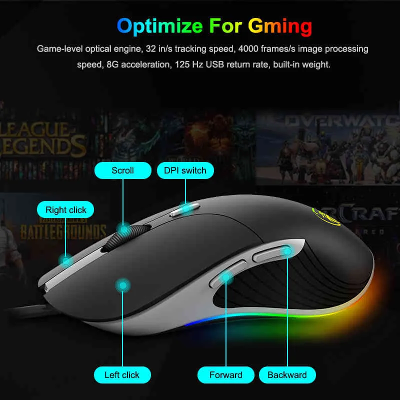 Com fio LED Gaming 6400 DPI USB Ergonomic Mause Computer Mouse Gamer Cable PC Laptop RGB Ratos ópticos com backlit