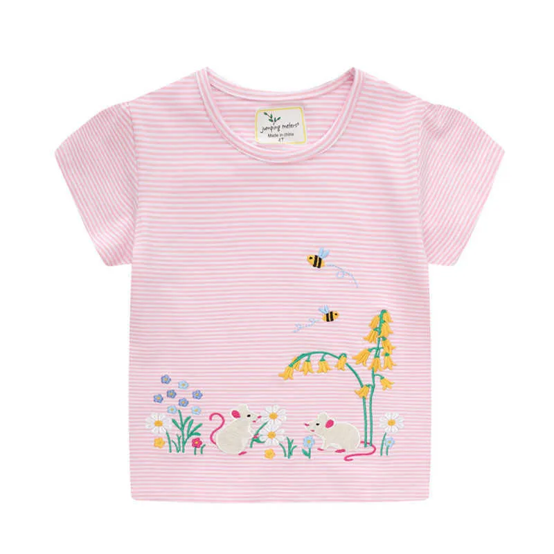 Jumping Meter Summer Tees Tops for Baby Girls indossare il mouse in cotone ricamare floreali bambini t-shirt carino stripe shirt shirt da bambino 210529