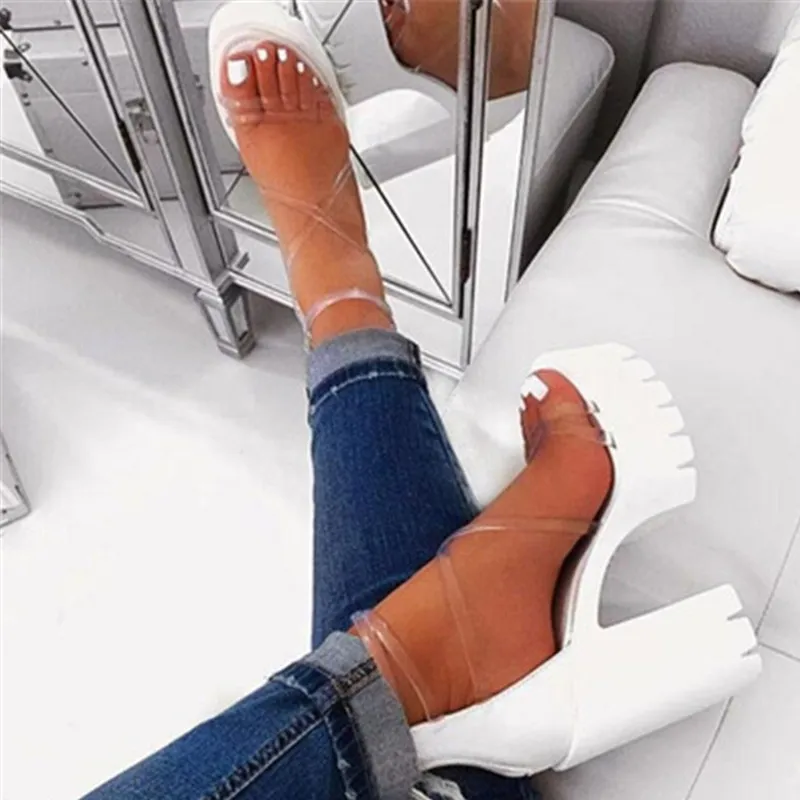 Siddons PVC Transparenta Kvinnor Sommarplattform Sandaler Öppna Toe Zipper Sexy Chunky High Heels Ladies Party Shoes Womans Sandals J2023