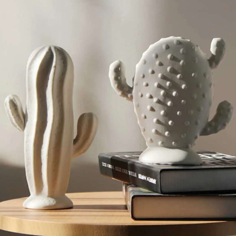 VILEAD Ceramic White Cactus Figurines Nordic Creative Plant Ornament Modern for Interior Home Office Desk Decoration Accessorie 210804