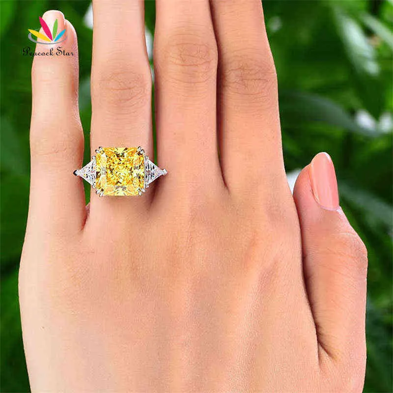 Peacock Star Solid 925 Sterling Silver Three-Stone Luxury Ring 8 Carat Yellow Canary Created Diamante CFR8157 211217