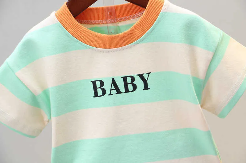 Sommar Baby Boys Tjejer Kläder Bomull Barn Tecknad Remsor T Shirts / Sats Outfit Kids Fashion Toddler Tracksuits x0902