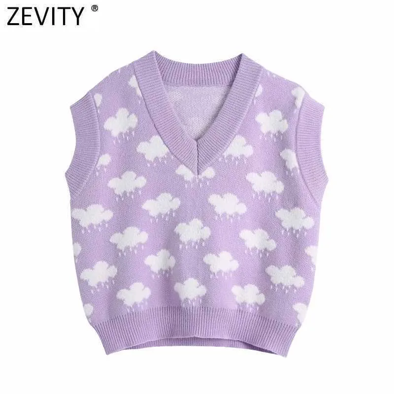 Zevity Women Fashion V Neck Cloud Pattern Stickning Tröja Kvinna Ärmlös Casual Slim Vest Chic Leisure Pullovers Tops S669 211007