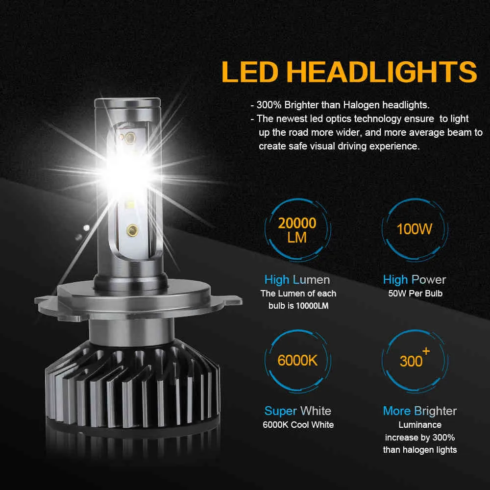 Nowy H11 H4 H7 Canbus Reflektor samochodowy H8 H1 H2 HB3 9005 HB4 LED 12 V Light Light Bulbs H4 Auto Moto Lampa 100 W 20000LM Turbo 2szt