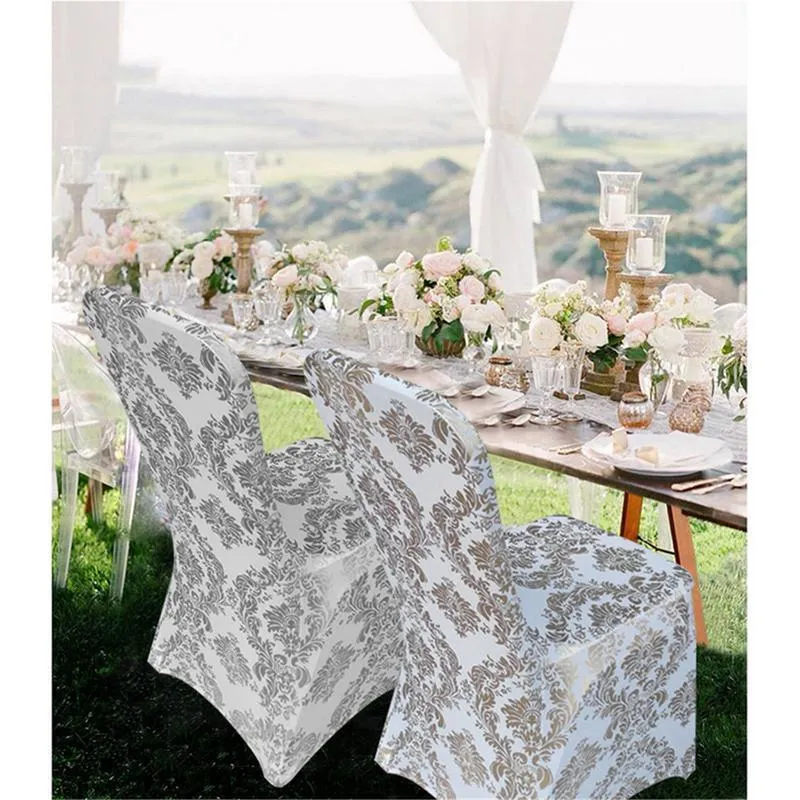 Bronzing Gold Printed Cover Cover Stretch Spandex Universal Wedding Chair Covery do restauracji Bankiet El Dining Party Y200104253W