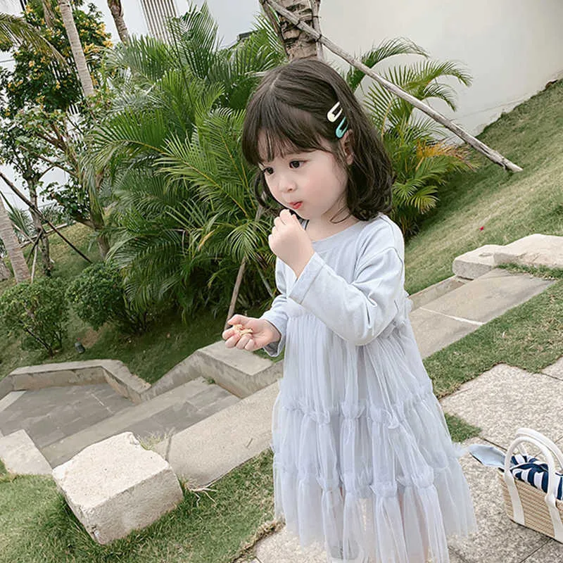 Ours Leader Enfants Filles Mesh Patchwork Robes De Mode Bébé Fille Lettre Imprimer Costume Style Coréen Mignon Princesse Vêtements 3-7Y 210708