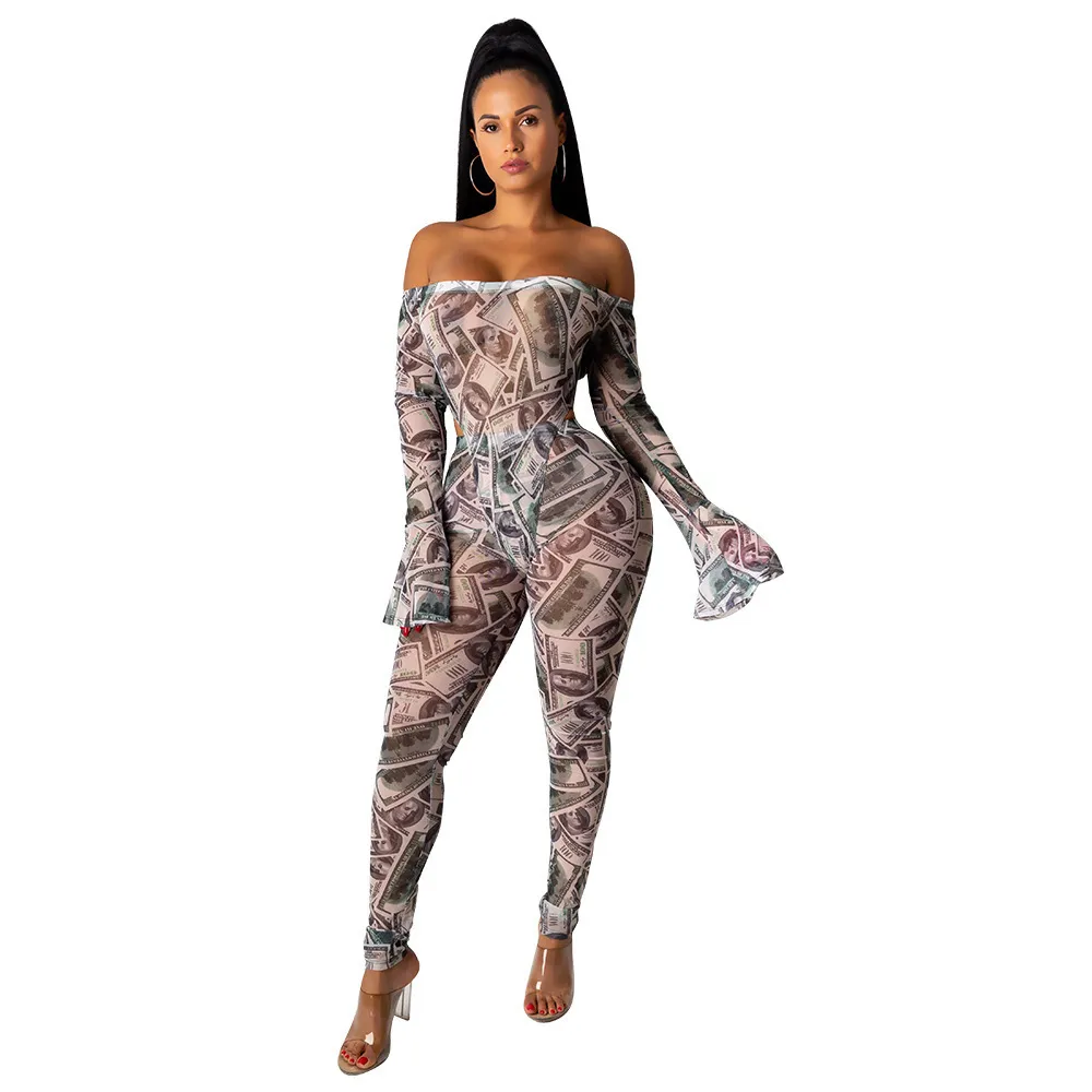 ZKYZWXSexy Mesh Dollar Money Rompers Womens Jumpsuit Fashion Overalls Fall Clothing One Piece Outfit Off Shoulder Jumpsuits 201007287d